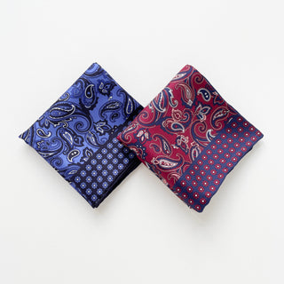 a blue printed silk scarf neckerchief with hand-rolled edges, paired with a  khaki men's shirt