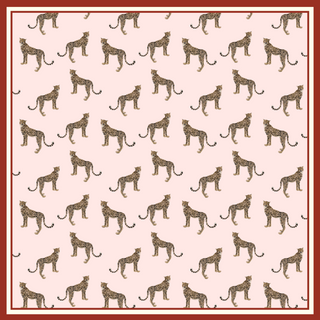 Luxury silk scarf with repeating leopard pattern on soft pink background with burgundy border, square shape with hand-rolled edges