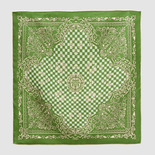 Fresh green silk bandana with cream baroque pattern and central checkered design, featuring hand-rolled edges and elegant ornate detailing
