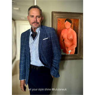 Navy blue silk neckerchief with paisley pattern styled with blue checkered blazer and striped shirt, elegant menswear accessory display