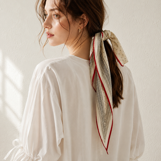 A woman shown from the back wearing a white blouse and a patterned silk scarf tied around her hair, set against a textured off-white wall.