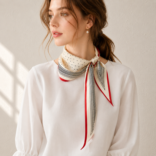 A woman wearing a cream silk scarf with geometric pattern and a red border, tied around her neck in a white blouse. 