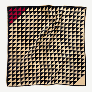 Beige and black geometric triangle silk bandana with red corner, 53cm square with hand-rolled hems.