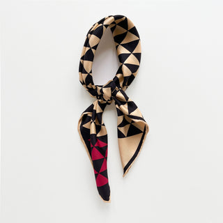 Beige and black geometric triangle silk bandana with red corner, 53cm square with hand-rolled hems.