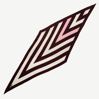 Cashmere wool silk scarf in brown, white and pink with herringbone stripes.