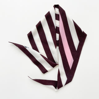 Cashmere wool silk scarf in brown, white and pink with herringbone stripes.