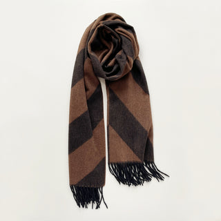 Brown and black herringbone cashmere scarf with fringed edges on light grey background.