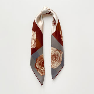 Berlin Rose silk scarf – 65cm vintage floral square bandana in sepia tones with rust red hand-rolled hems by LuluLane