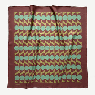 Geometric mid-century square silk scarf by LuluLane with Bauhaus-inspired design in chocolate brown and teal green tones.