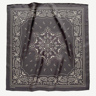 Unisex charcoal grey silk bandana scarf, 65cm square with modern paisley print and hand-rolled hems by LuluLane.