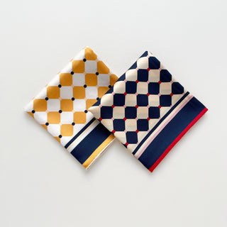 Two folded unisex silk scarves 65cm chess board design, double-sided silk, hand-rolled edges by LuluLane.