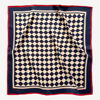 unisex silk scarf 65cm chess board design in navy and ivory with red accents, double-sided silk, hand-rolled edges by LuluLane.