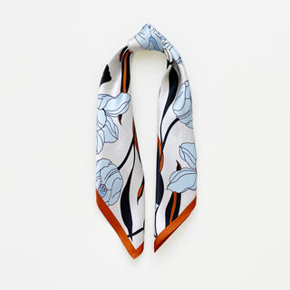 Women’s silk bandana scarf 53cm with tulip floral print, double-sided satin square with burnt orange border by LuluLane