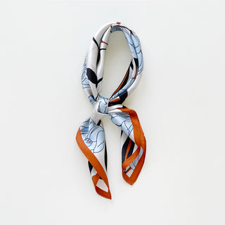 Women’s silk bandana scarf 53cm with tulip floral print, double-sided satin square with burnt orange border by LuluLane