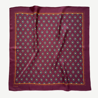 Men’s paisley silk scarf 65cm in burgundy, double-sided silk twill square with hand-rolled hems by LuluLane