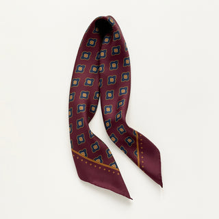 Men’s paisley silk scarf 65cm in burgundy, double-sided silk twill square with hand-rolled hems by LuluLane