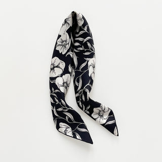 women’s floral silk square scarf by LuluLane featuring poppy blossom print in black and ivory, elegant timeless design