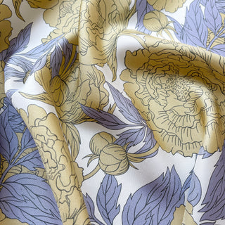 close-up of women’s silk scarf with peony flower print, soft pastel floral square scarf with hand-rolled hems by LuluLane