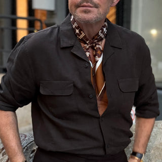 Men’s silk neckerchief in retro geometric print, 65cm square scarf with hand-rolled edges, double-sided design in brown tones.