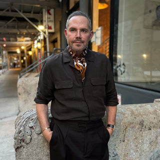 Men’s silk neckerchief in retro geometric print, 65cm square scarf with hand-rolled edges, double-sided design in brown tones.
