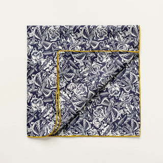 Retro rose silk scarf neckerchief in navy blue and ivory with vintage floral and swallow print and mustard yellow hand-rolled edges