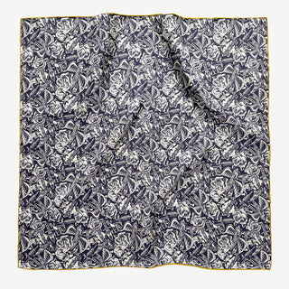 Retro rose silk scarf neckerchief in navy blue and ivory with vintage floral and swallow print and mustard yellow hand-rolled edges