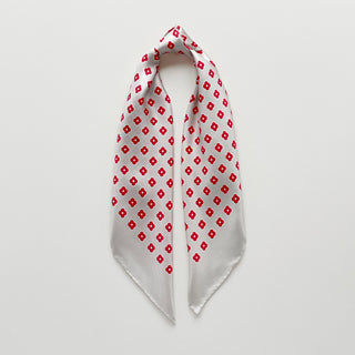 Women's silk scarf with red mini floral pattern on ivory background, lightweight square bandana with vintage-inspired flower print