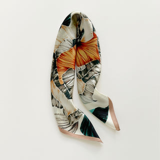 women's floral silk neck scarf in ivory with oversized botanical blooms and blush border, 53cm square silk bandana
