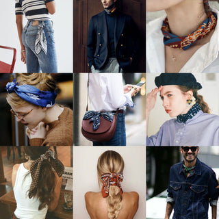 Collage showing versatile silk scarf styling options - as neckerchief, pocket square, hair accessory, bag accent, and neck wrap in various colors including deep blue wave pattern.