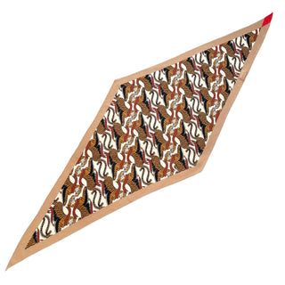 Diamond-shaped cashmere silk scarf with beige border and tiger pattern in warm earth tones of brown, red, and black with white accents