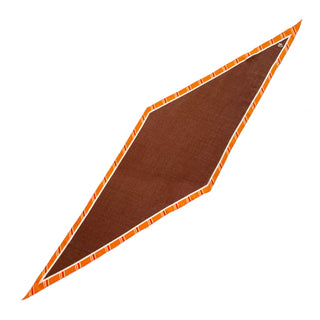 Diamond-shaped brown cashmere silk scarf with vibrant orange plaid border, showcasing elegant English pattern and luxurious texture