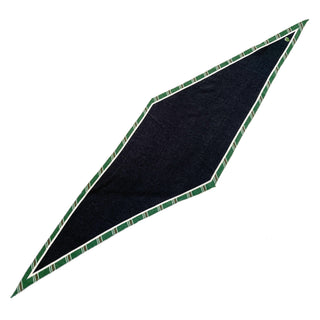Diamond-shaped black cashmere silk scarf with green plaid border, displaying elegant English pattern against white background