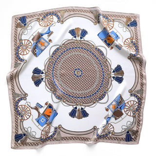 Elegant square silk scarf with baroque equestrian pattern featuring ornate carriage designs, blue tassels, and geometric details on white background with beige border