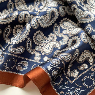Navy blue silk scarf with elegant cream paisley pattern and rustic brown border, showing silky texture and detailed design in soft folds