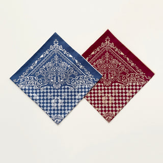 Two luxury silk bandanas with baroque check design - French blue and burgundy - featuring ornate patterns and checkerboard borders with hand-rolled edges