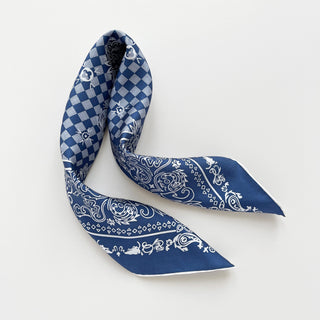 Luxury steel blue silk bandana with checkered pattern and baroque design, featuring hand-rolled edges and intricate white paisley details