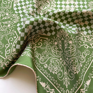 Fresh Green silk scarf with baroque pattern and checkered design, featuring hand-rolled edges and intricate cream ornamental details on luxurious twill fabric