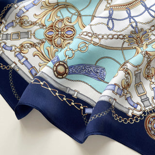 Turquoise & Navy Baroque Bridle silk bandana featuring intricate equestrian design with ornamental chains, buckles and floral motifs on luxurious silk fabric