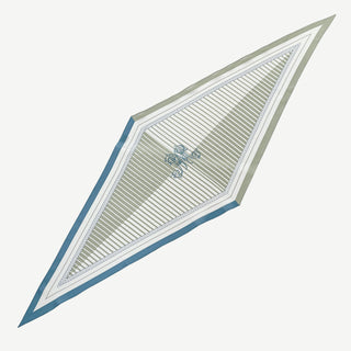 Diamond-shaped silk scarf with sage green and blue border, featuring elegant stripe pattern and central monogram on cream background