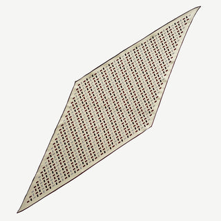 Diamond-shaped ivory silk scarf with geometric block pattern in burgundy and gray, featuring hand-rolled edges and luxurious twill texture
