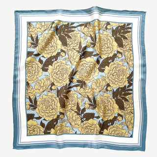 women’s silk scarf with hand-rolled edges, light yellow peony print on light blue background with dusty blue border