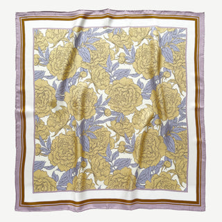 65cm silk scarf for women, light yellow peonies with lilac and ochre border, romantic floral design