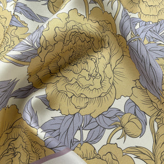luxury silk scarf for women featuring light yellow peonies and lilac leaves