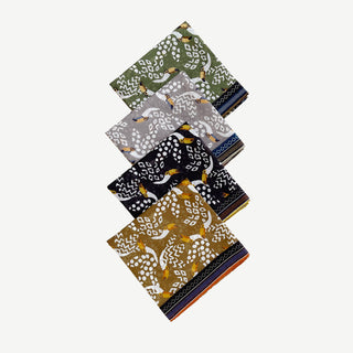 Set of four organic cotton-silk scarves with toucan prints in olive green, stone grey, black, and mustard ochre colourways