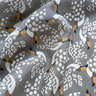 Organic cotton-silk scarf in stone grey with toucan print and understated jacquard texture
