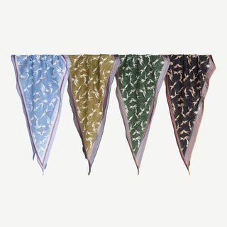 Stylised bird print scarves in sky blue, olive, forest green, and black, made from 30% silk and 70% organic cotton, with hand-rolled edges.
