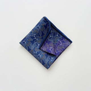 Folded men’s silk neckerchief scarf 53cm, double-sided blue and purple floral print with hand-rolled edges, luxury square accessory