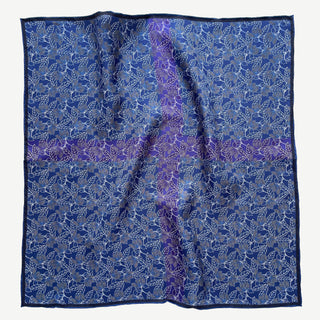 Men’s silk neckerchief scarf 53cm, double-sided blue and purple floral print with hand-rolled edges, luxury square accessory