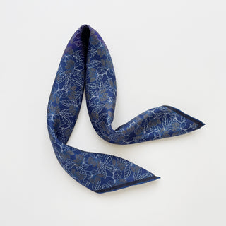 Men’s silk neckerchief scarf 53cm, double-sided blue and purple floral print with hand-rolled edges, luxury square accessory