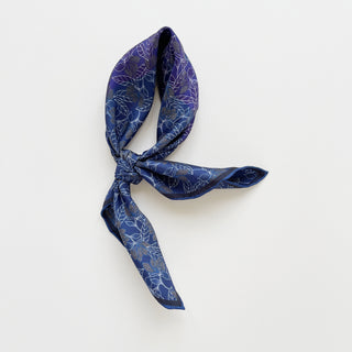 Men’s silk neckerchief scarf 53cm, double-sided blue and purple floral print with hand-rolled edges, luxury square accessory